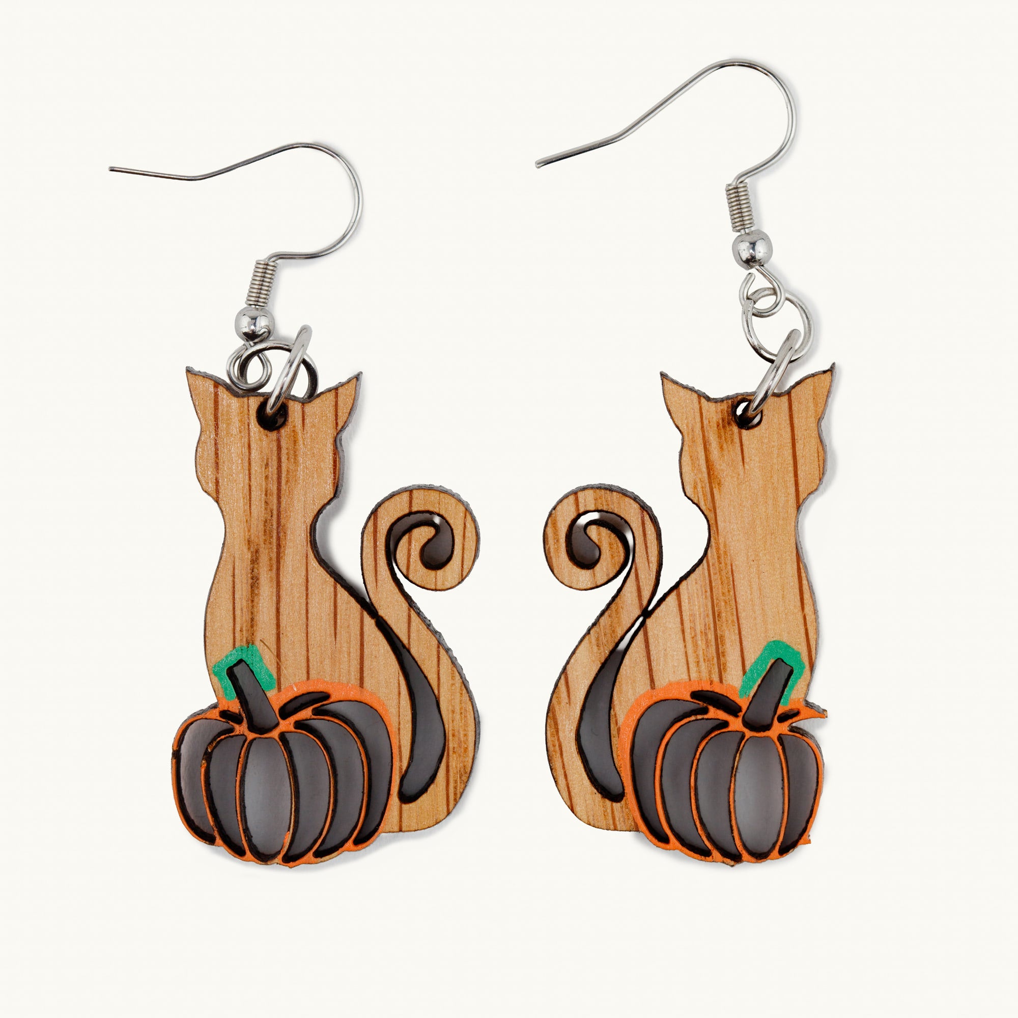 Cat and Pumpkin Bourbon Barrel Earrings